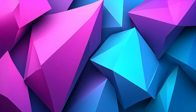 Abstract polygonal shapes clustered together with pink and blue lighting effects creating depth and geometric patterns