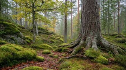 Obraz premium Tranquil Forest Landscape with Mossy Ground and Majestic Trees in a Misty Atmosphere