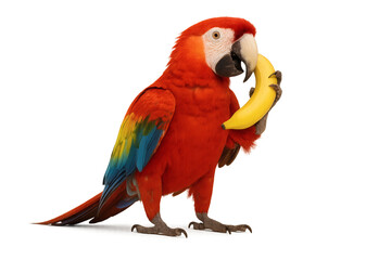 Obraz premium Red Parrot Holding Banana on Transparent Background