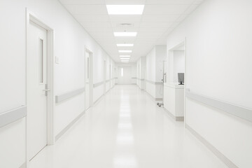 Pristine White Hospital Corridor Interior with Modern Design and Bright Lighting in Medical Facility Setting