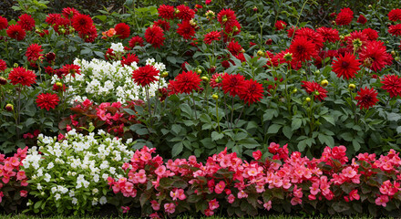 Flowers, Summer flowers, Garden flowers, Vibrant Red Dahlias and Pink Begonias in a Summer Flowerbed