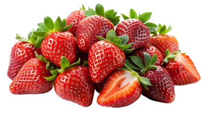 Freshly picked ripe strawberries with green leaves arranged on a black background