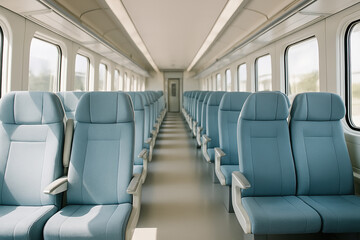 Empty Train Seats in Railway Carriage with Soft Natural Light and Perspective View Highlighting Modern Travel Comfort