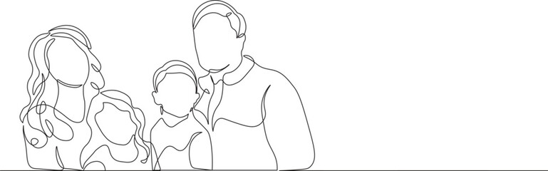 Happy family with two children in continuous line drawing style. United family portrait of parents with their daughter and son black linear sketch isolated on white background. Vector illustration