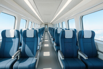 Modern Empty Train Seats in Railway Carriage with Perspective View Under Clear Sky in High Key Lighting Captured by DSLR