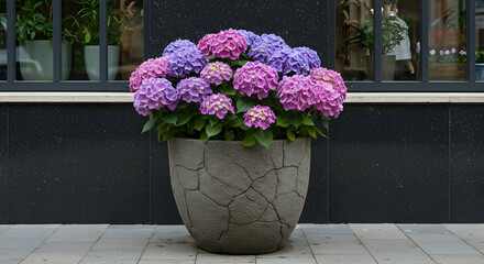Fototapeta premium Flower, Flowers, Purple, Potted Hydrangeas in front of a building