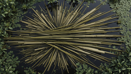 Obraz premium striking arrangement of bamboo sticks forms radial pattern on serene water surface, surrounded by lush green aquatic plants. natural composition evokes sense of tranquility and harmony