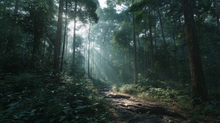 Obraz premium Serene Forest Path with Sunlight Filtering through Lush Green Trees in a Tranquil Nature Scene