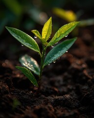 Small green plant growing in dark soil with water droplets on leaves.