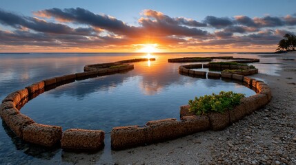 Obraz premium A sunset aerial panorama of patch reefs ringed by seagrass beds, with floating buoys marking no-take zones established to allow corals to recover from past overfishing impacts