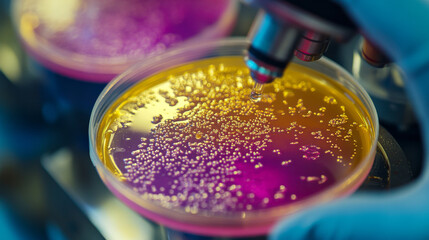 Scientist analyzing bacteria on a petri dish under a microscope in a diagnostic lab