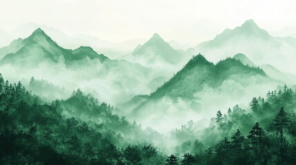 Embracing Spring's Serenity: A Visual Ode to Renewal – Light Green Landscapes, Misty Mountain Ranges, and Equinox Magic in Beginner's Spring Illustrations of Wilderness and Tranquil Horizons