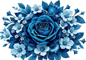 A vibrant arrangement features a large blue  hued rose surrounded by various blue flowers and leaves. 