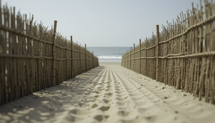 sandy path lined with bamboo fences leads to serene beach, evoking sense of tranquility and escape. ocean is visible in distance under clear sky