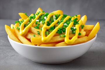 a realistic street food close-up of fries topped with curry sauce and onions