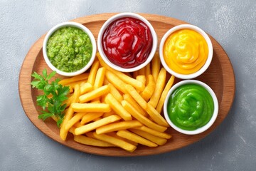 a realistic tabletop with different dipping sauces surrounding a pile of fries