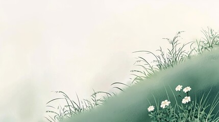 A serene landscape featuring a grassy slope with white flowers