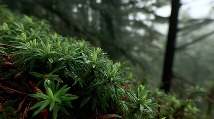 Fototapeta premium Lush Green Moss and Dewy Foliage in Misty Forest with Soft Focus and Nature Background
