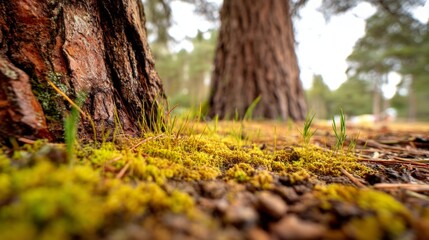 Fototapeta premium Lush green moss covering forest floor beneath tall trees in serene natural landscape during daylight in picturesque woodland setting