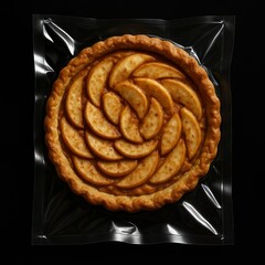 Vacuum packaging, apple pie in glossy clear plastic packaging.