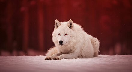 Obraz premium White wolf, Canis lupus arctos, Glowing eyes, Arctic Wolf with Red Eyes in Snowy Landscape
