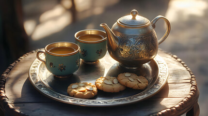 Fototapeta premium cup, tea, drink, coffee, white, beverage, teapot, breakfast, food, hot, table, spoon, saucer, china, sweet, teacup, pot, cafe, mug, morning, plate, isolated, green, red, brown