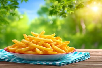 a soft watercolor image of french fries on a picnic cloth with sunlight and trees
