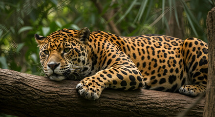 Obraz premium Panther, Big cat, Feline, Majestic Jaguar Resting on a Branch