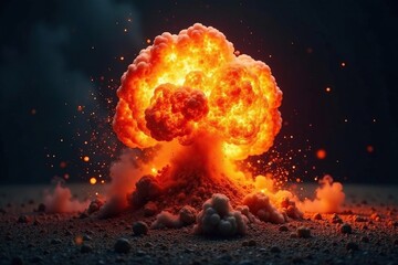 Dramatic explosion of a bomb, fiery debris and smoke cloud against a dark background , power, chaos