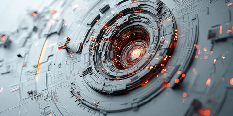 Abstract grey and white background with futuristic technical elements.
