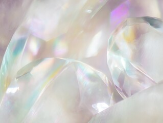 Abstract light reflection and refraction on clear crystal surfaces showcasing the beauty of transparency and colors in a dreamy and artistic composition