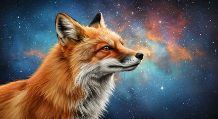 Obraz premium Vulpes vulpes, Wildlife, Animal, Majestic Red Fox Against a Cosmic Nebula Background