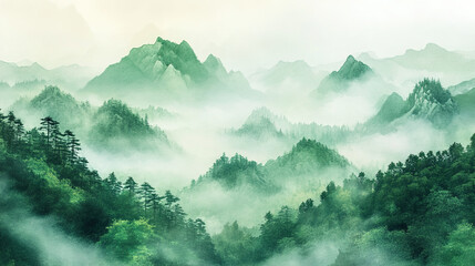 Embracing Spring's Serenity: A Visual Ode to Renewal – Light Green Landscapes, Misty Mountain Ranges, and Equinox Magic in Beginner's Spring Illustrations of Wilderness and Tranquil Horizons