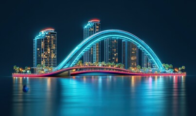 Night cityscape illuminated bridge, skyscrapers, palm trees, waterfront, architectural design