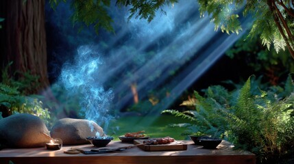Nature-inspired outdoor barbecue scene with smoke and fire