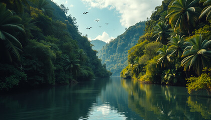 Obraz premium Serene River Winding Through Lush Tropical Gorge