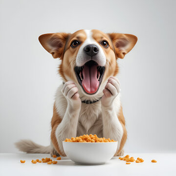 Dog hybrid genuflecting and pleading for food; white background