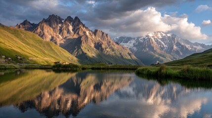 Majestic Mountain Landscape with Reflection in Calm Lake Surrounded by Lush Green Valley and Dramatic Cloudy Sky