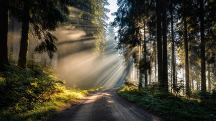 Obraz premium Sunlight Streams Through Tall Trees Along a Serene Path in a Misty Forest Environment