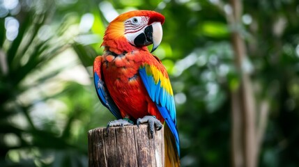 Obraz premium Vibrant Scarlet Macaw Perched on Wooden Post in Lush Tropical Rainforest