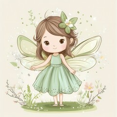 Adorable cartoon fairy illustration with green dress and wings
