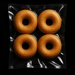 Vacuum packaging, donuts in glossy clear plastic packaging.