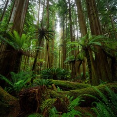 Naklejka premium Lush Green Woodland with Towering Tree Canopy