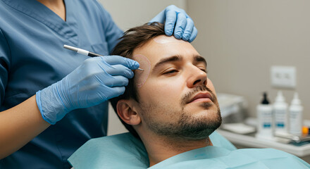 Fototapeta premium Dermatology, Skincare, Facial treatment, Male Patient Undergoing Cosmetic Procedure
