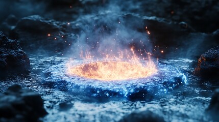 Mystical fire ring surrounded by ice and rocks in a dark environment