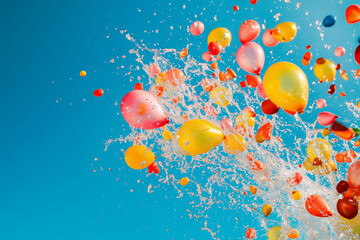 Close-up of a pile of multicolored water balloons glistening with droplets in the sunlight, placed on green grass 