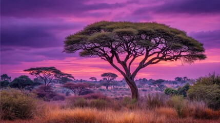 Obraz premium Majestic Acacia Tree Silhouetted Against a Vibrant Sunset in a Serene African Landscape