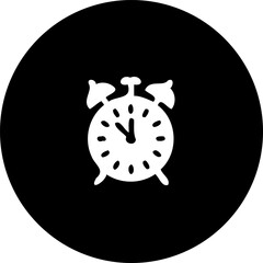 Graphic alarm clock icon on black circle backdrop representing timely alerts