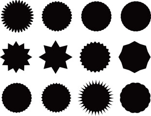 A set of burst tag icons. A collection of starburst stickers. Isolated promotional labels