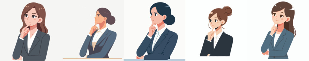 vector business woman gesture hand on chin sign thinking